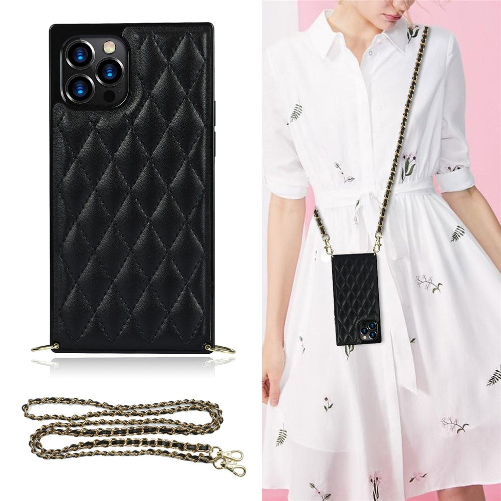 Chain Lanyard Stitching Rhombus Shock-Proof Protective Phone Case for iPhone 12 Pro Max