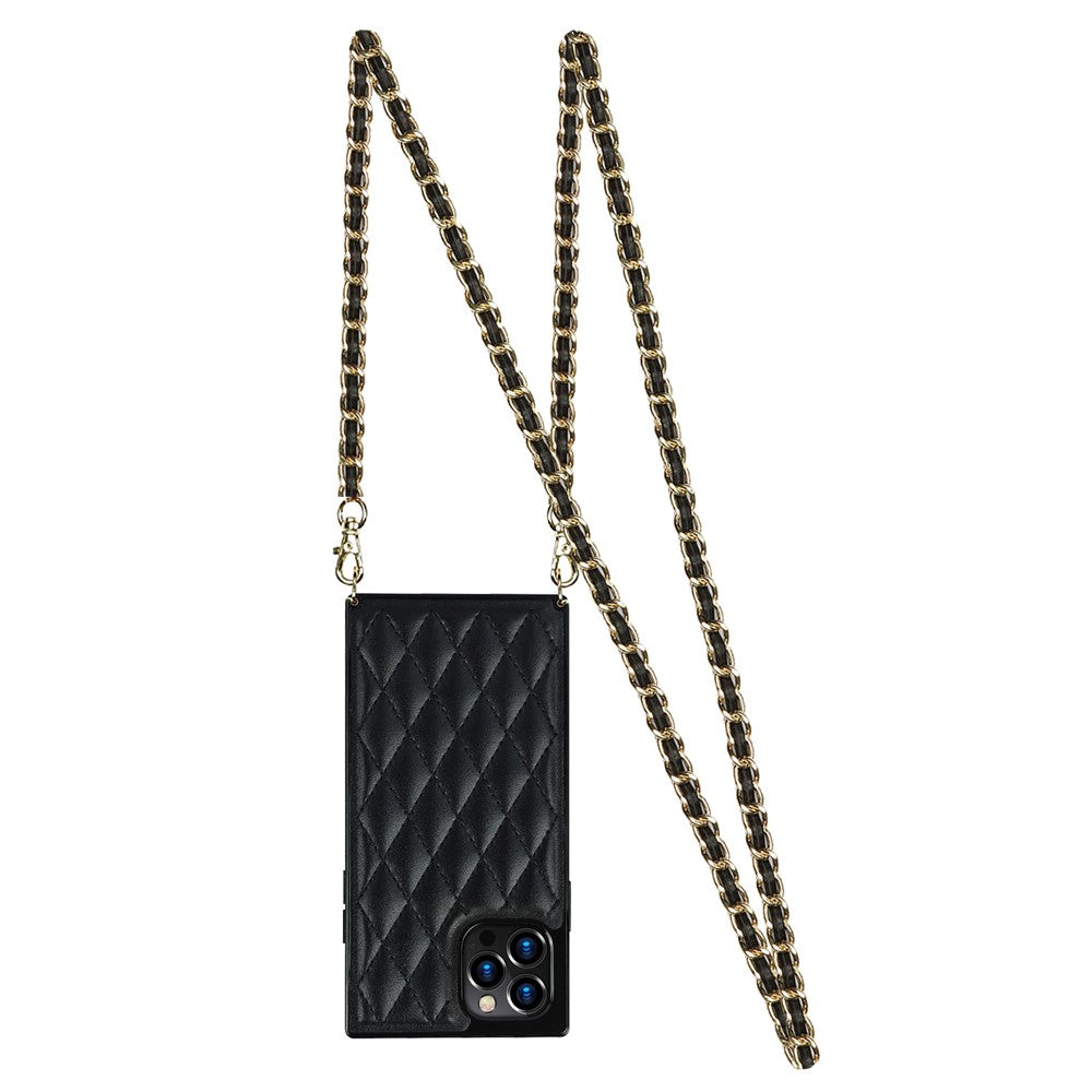 Chain Lanyard Stitching Rhombus Shock-Proof Protective Phone Case for iPhone 12 Pro Max