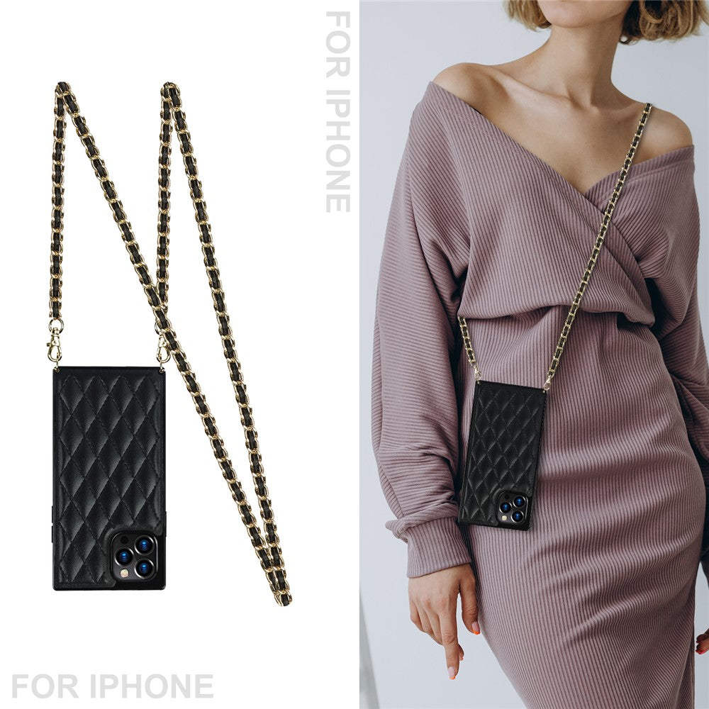 Chain Lanyard Stitching Rhombus Shock-Proof Protective Phone Case for iPhone 12 Pro Max