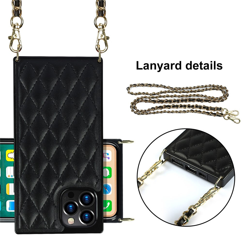 Chain Lanyard Stitching Rhombus Shock-Proof Protective Phone Case for iPhone 12 Pro Max