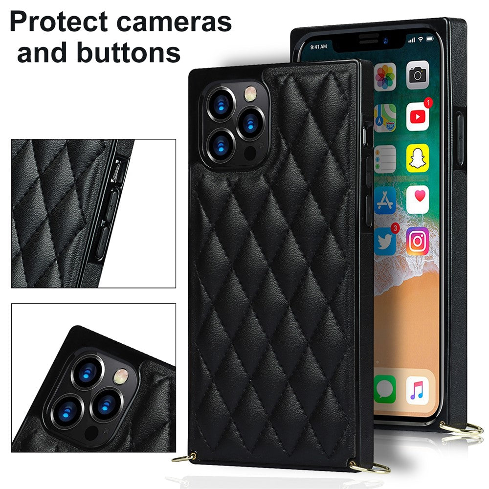 Chain Lanyard Stitching Rhombus Shock-Proof Protective Phone Case for iPhone 12 Pro Max