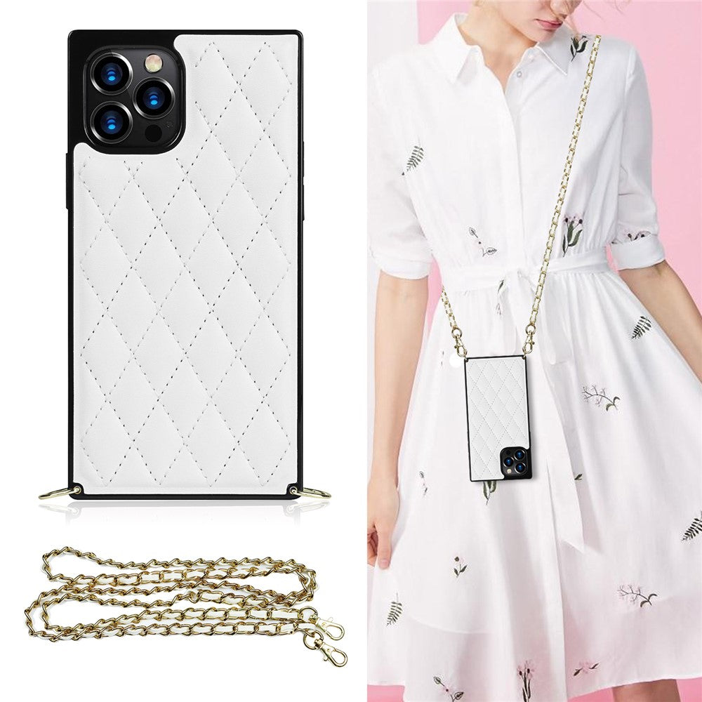 Chain Lanyard Stitching Rhombus Shock-Proof Protective Phone Case for iPhone 12 Pro Max