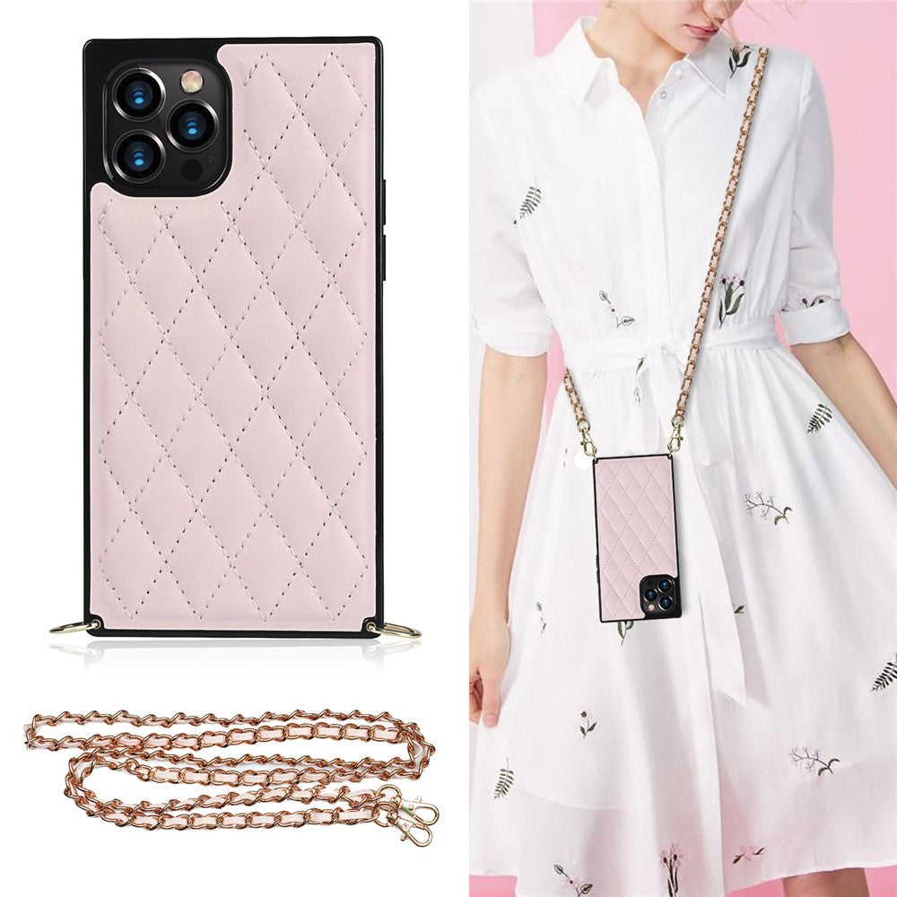 Chain Lanyard Stitching Rhombus Shock-Proof Protective Phone Case for iPhone 12 Pro Max
