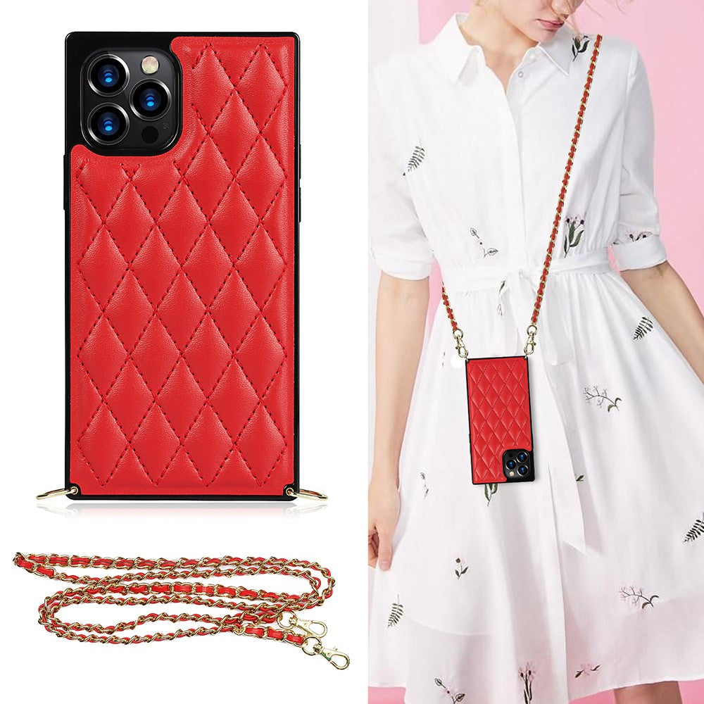Chain Lanyard Stitching Rhombus Shock-Proof Protective Phone Case for iPhone 12 Pro Max