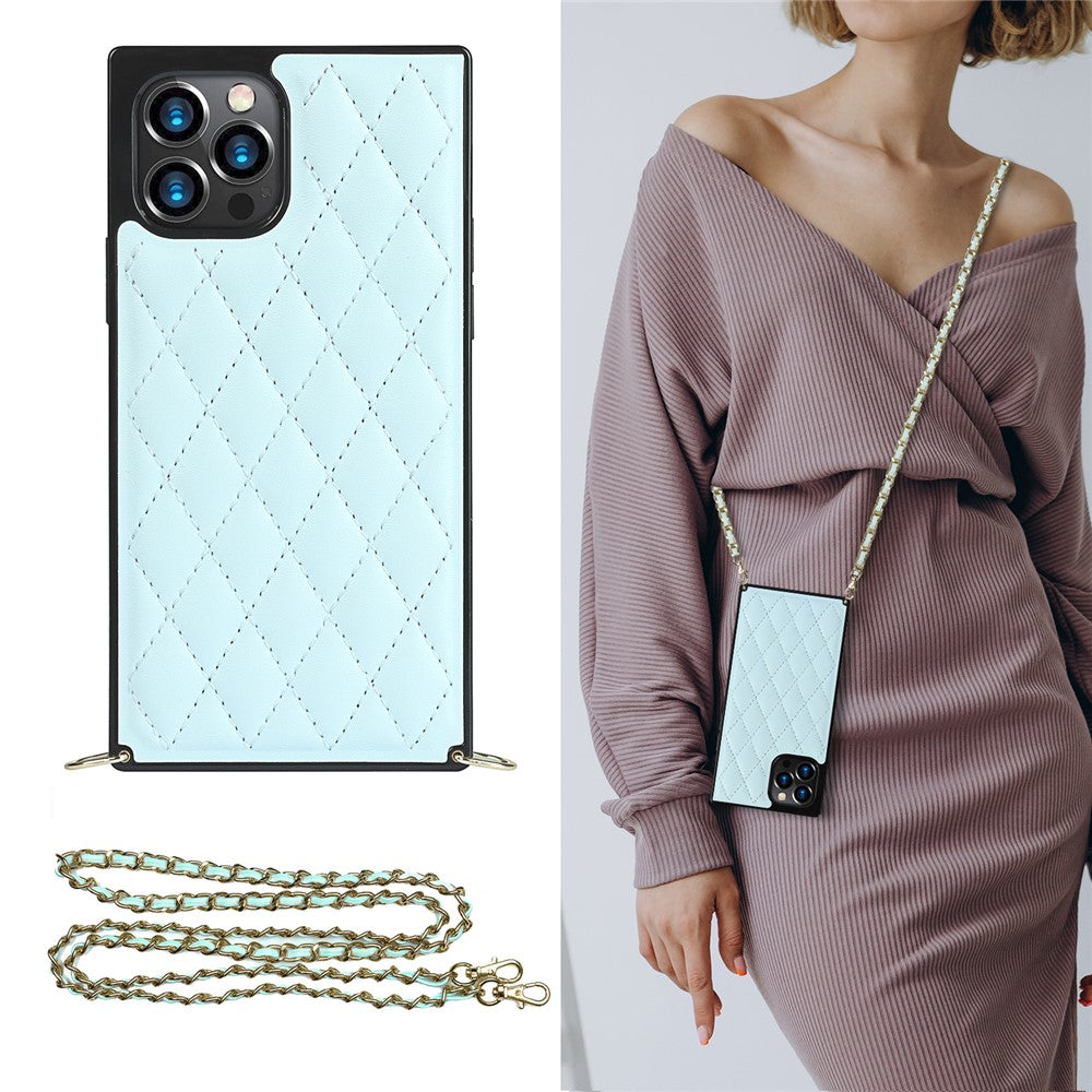 Chain Lanyard Stitching Rhombus Shock-Proof Protective Phone Case for iPhone 12 Pro Max