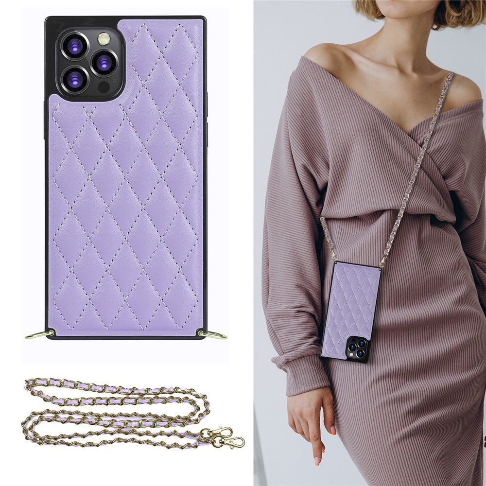 Chain Lanyard Stitching Rhombus Shock-Proof Protective Phone Case for iPhone 12 Pro Max
