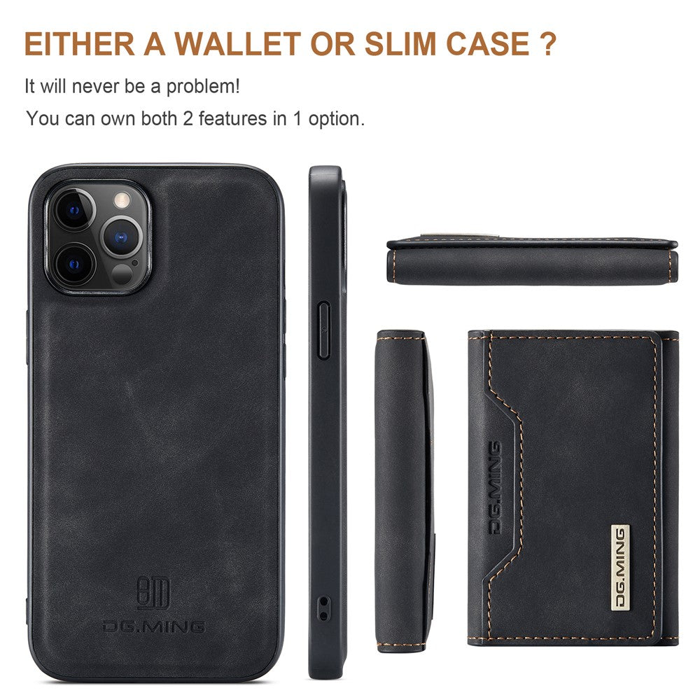 DG.MING M2 Series PU Leather Magnetic Tri-fold Wallet Phone Case with Kickstand for iPhone 12 / 12 Pro