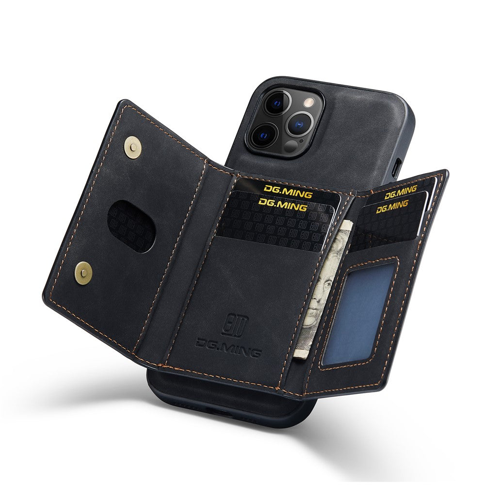 DG.MING M2 Series Kickstand Design Magnetic Tri-fold Wallet Leather Phone Case Shell for iPhone 12 Pro Max 6.7 inch