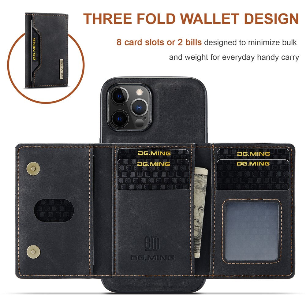 DG.MING M2 Series Kickstand Design Magnetic Tri-fold Wallet Leather Phone Case Shell for iPhone 12 Pro Max 6.7 inch