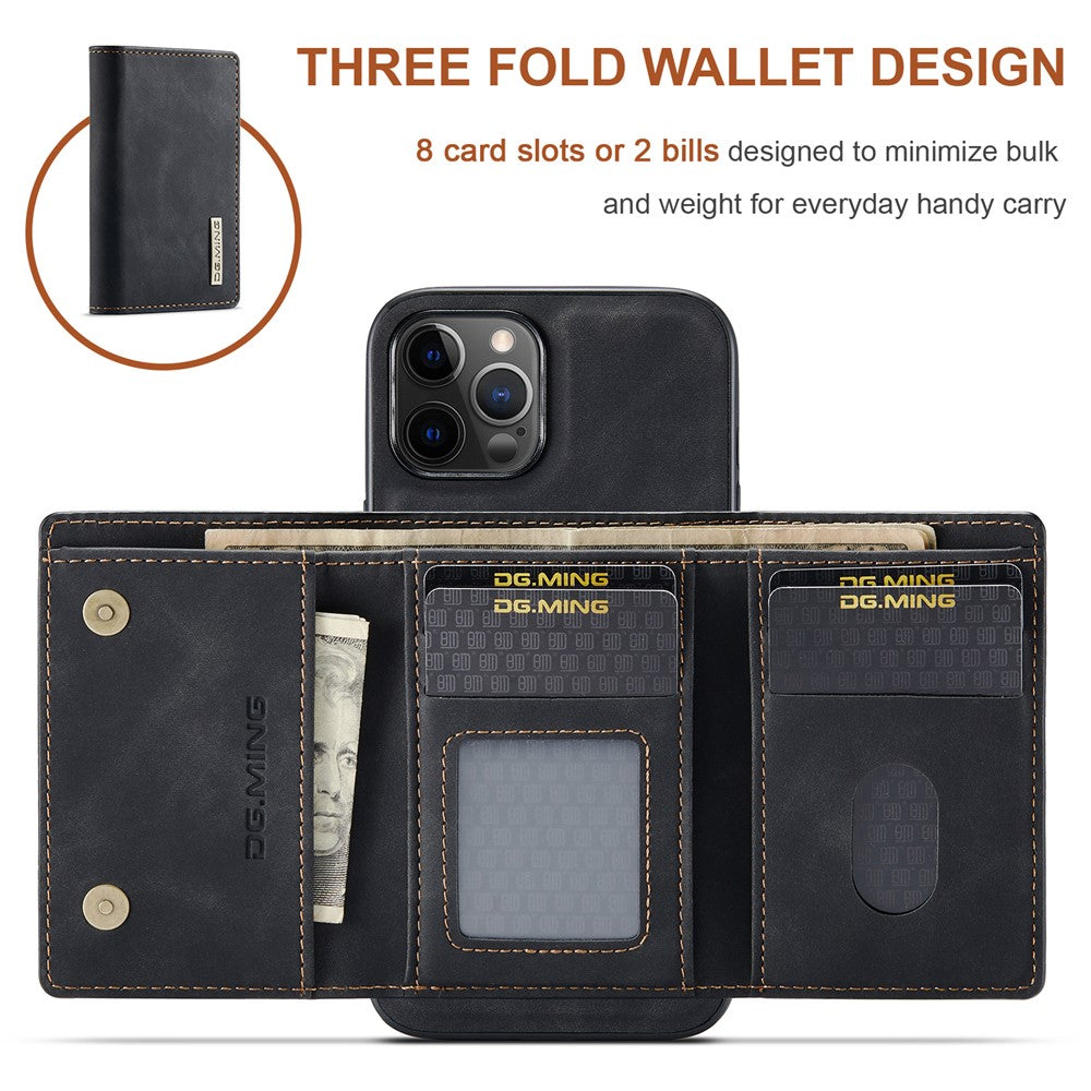 DG.MING M1 Series PU Leather Kickstand Protective Phone Case Shell with Magnetic Tri-fold Wallet for iPhone 12 Pro Max 6.7 inch