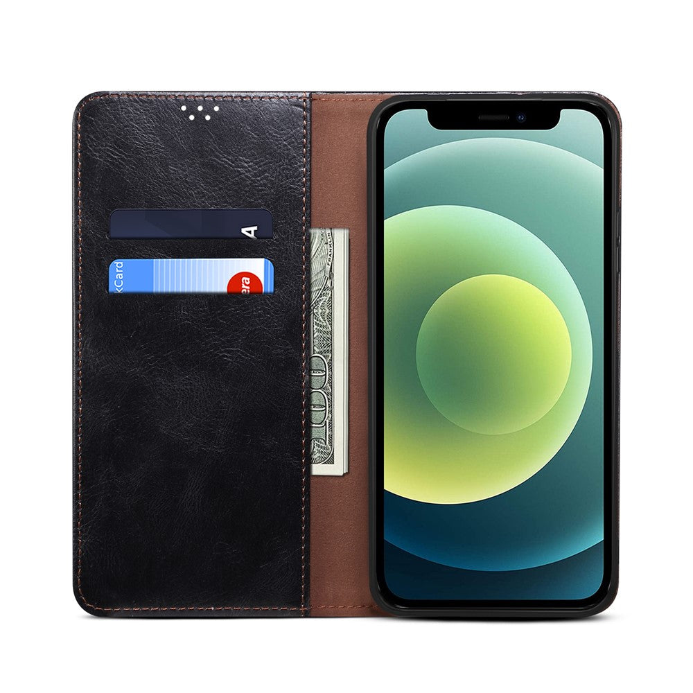 Wallet Design Oil-Waxy Leather Full Protection Phone Stand Case for iPhone 13 6.1 inch
