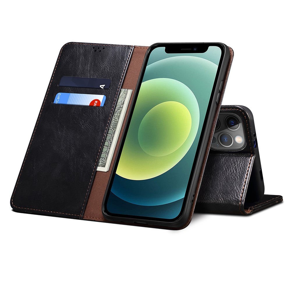 Wallet Design Oil-Waxy Leather Full Protection Phone Stand Case for iPhone 13 6.1 inch