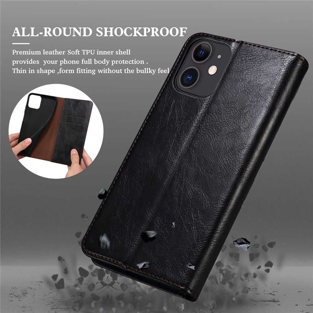 Wallet Design Oil-Waxy Leather Full Protection Phone Stand Case for iPhone 13 6.1 inch
