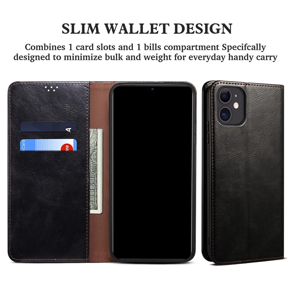 Wallet Design Oil-Waxy Leather Full Protection Phone Stand Case for iPhone 13 6.1 inch
