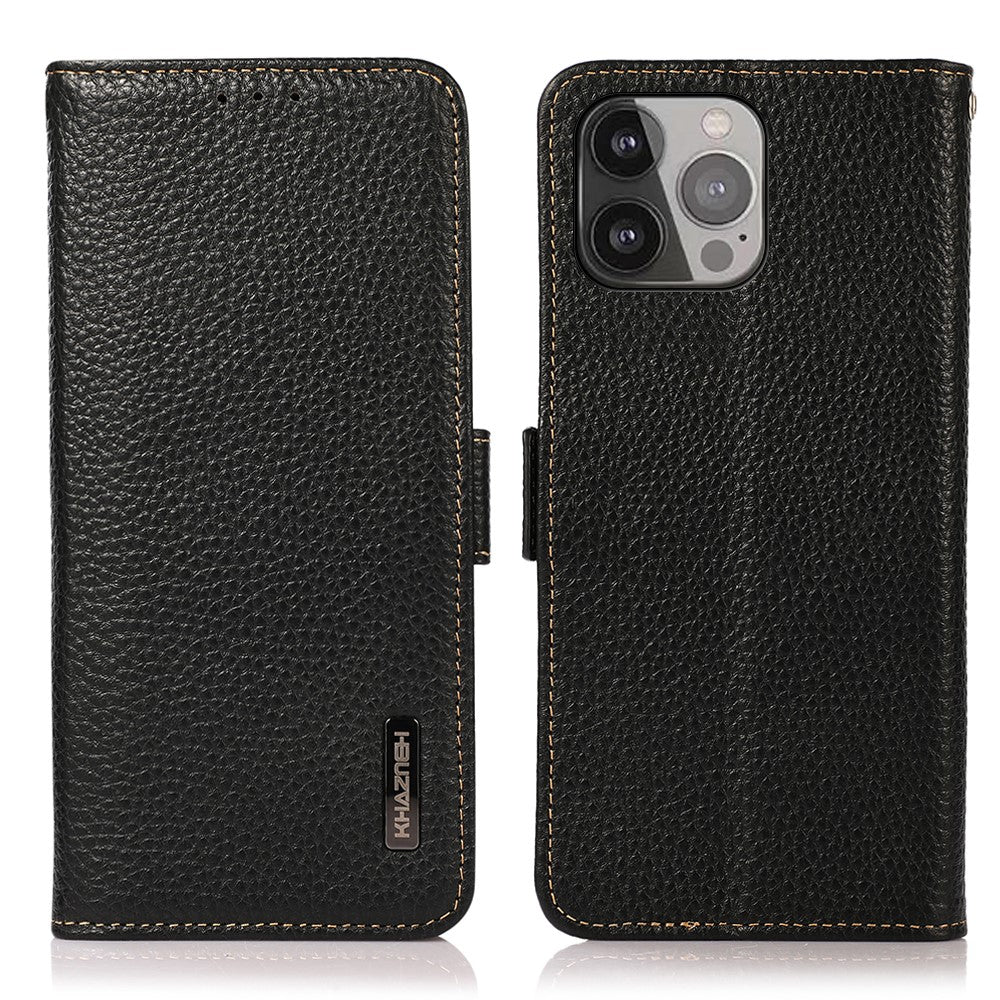 KHAZNEH Litchi Tekstur Anti-tyveri Swiping Design Ægte Læder Pung Telefon Cover Etui til iPhone 13 Pro Max 6,7 tommer