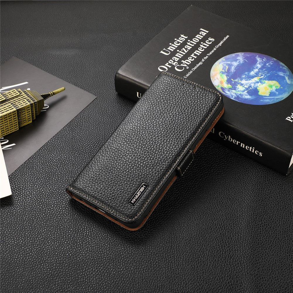 KHAZNEH Litchi Tekstur Anti-tyveri Swiping Design Ægte Læder Pung Telefon Cover Etui til iPhone 13 Pro Max 6,7 tommer