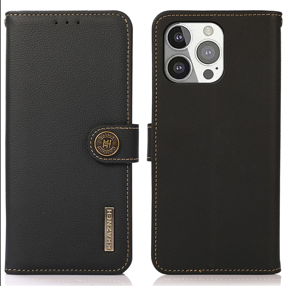 KHAZNEH Genuine Leather Anti-theft Swiping Design Wallet Phone Case  Stand Shell for iPhone 13 Pro 6.1 inch