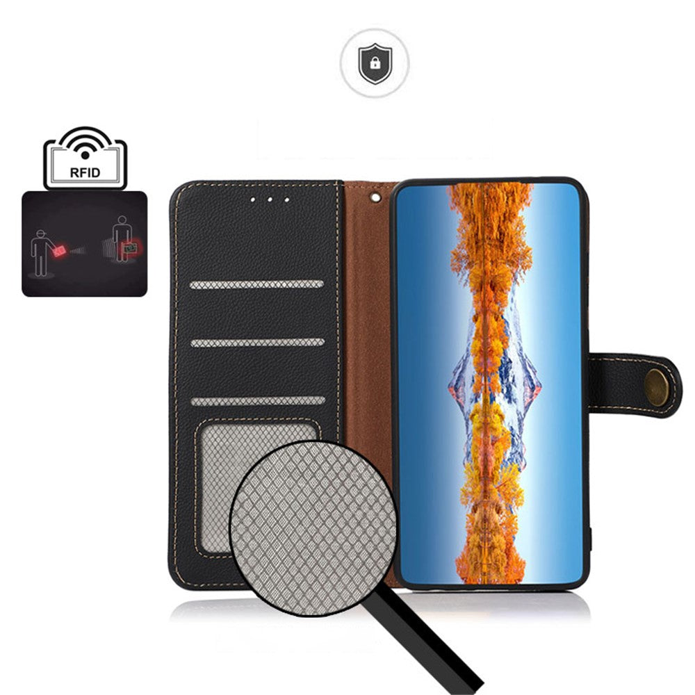KHAZNEH Genuine Leather Anti-theft Swiping Design Wallet Phone Case  Stand Shell for iPhone 13 Pro 6.1 inch