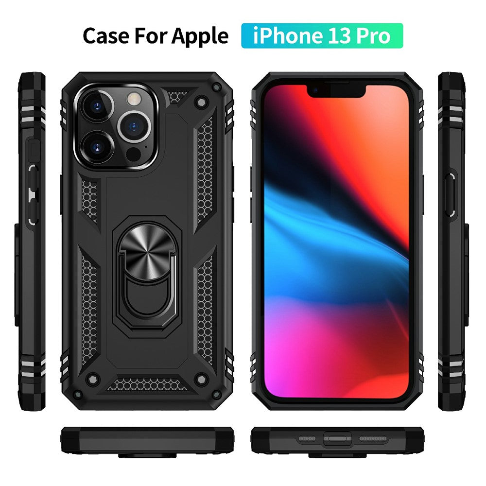 Military Grade PC TPU Shockproof Protection Case for iPhone 13 Pro Max 6.7 inch with Car Mount Rotary Ring Kickstand