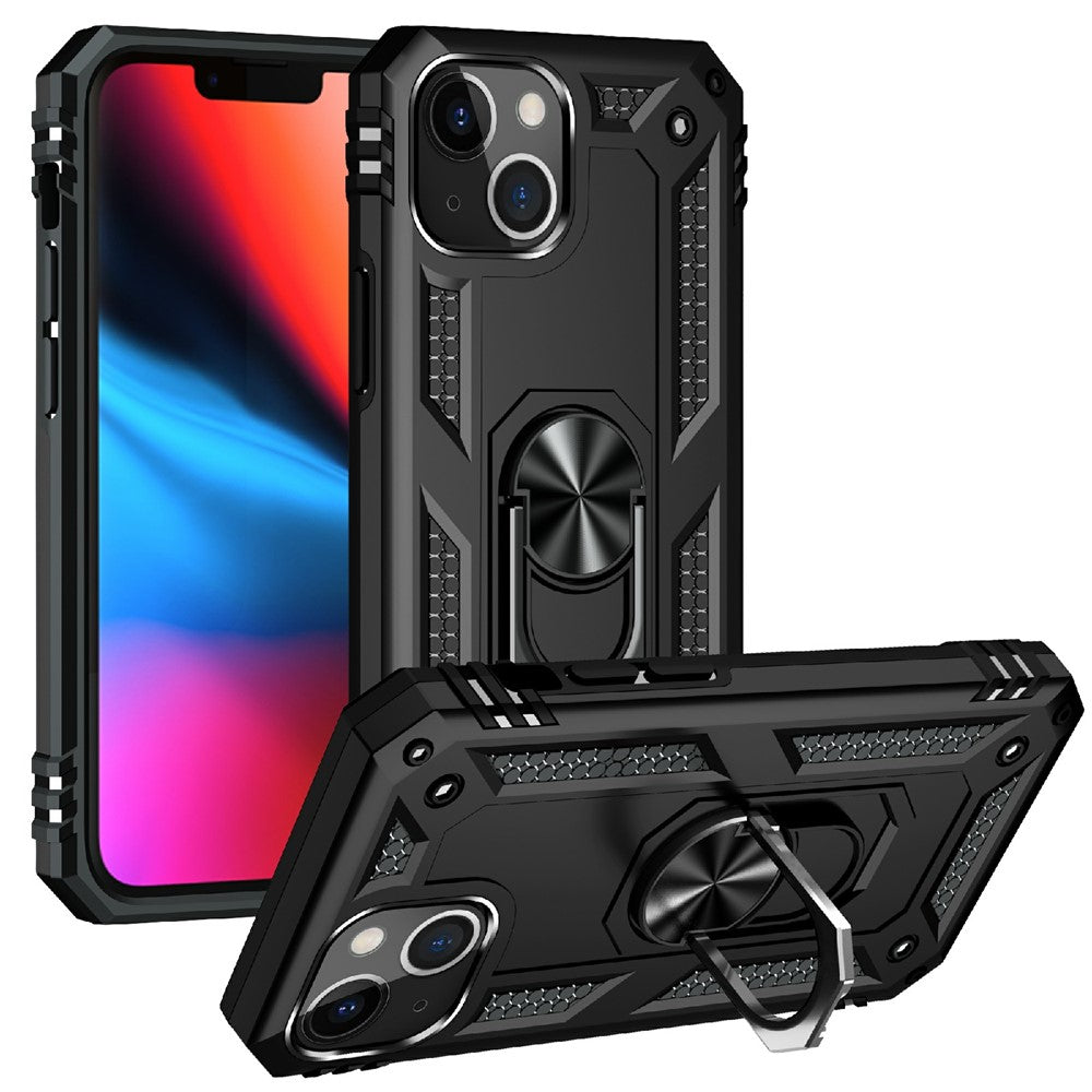 Militärklassat stötsäkert PC TPU hybridmobilskal för iPhone 13 mini 5,4 tum med roterande ringstativ i bilen