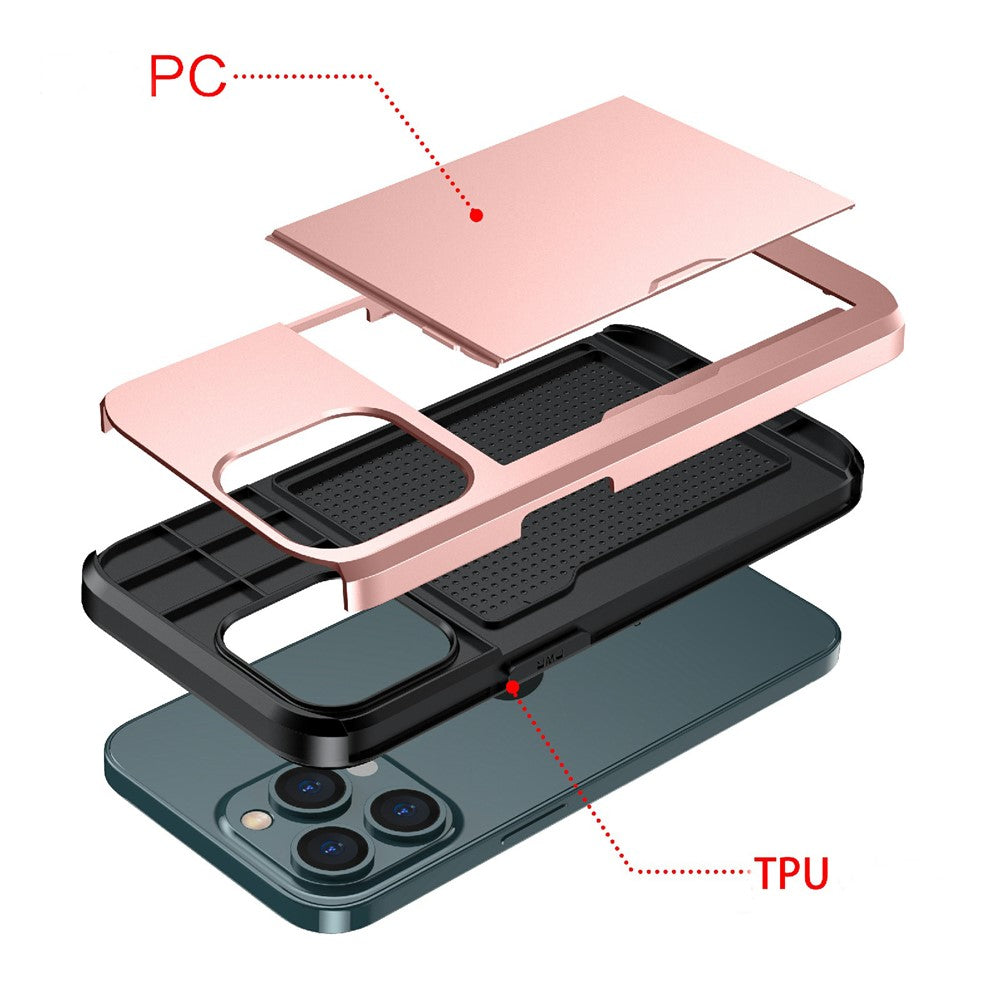 Well-protected Scratch-proof Slide Card Holder PC + TPU Hybrid Back Phone Case for iPhone 13 Pro 6.1 inch