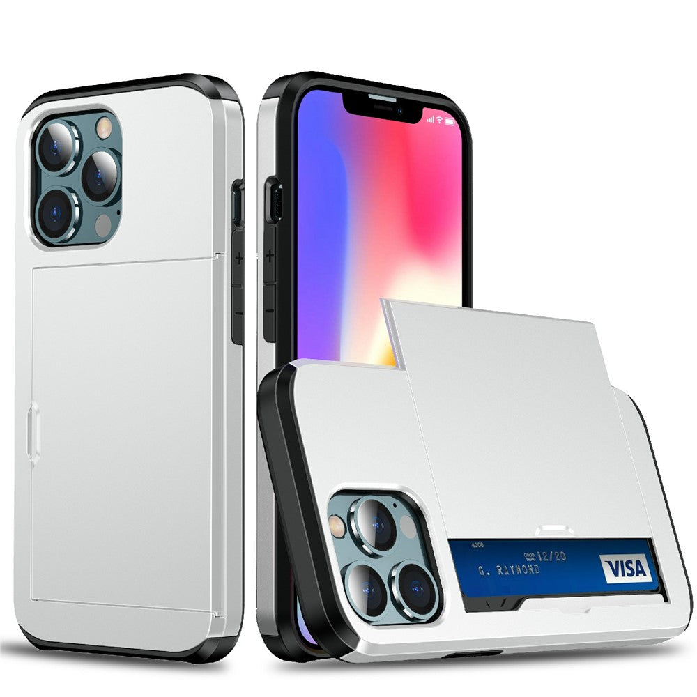 Well-protected Scratch-proof Slide Card Holder PC + TPU Hybrid Back Phone Case for iPhone 13 Pro 6.1 inch