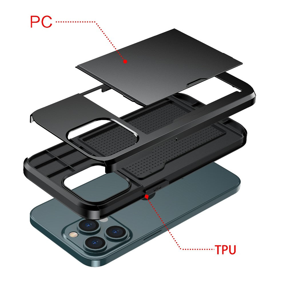 God beskyttende ridsefast skubbekortholder PC + TPU hybrid bagcover til iPhone 13 6,1 tommer