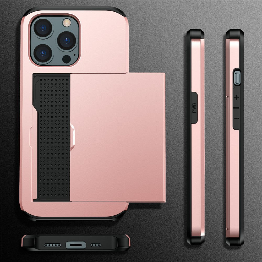 God beskyttende ridsefast skubbekortholder PC + TPU hybrid bagcover til iPhone 13 6,1 tommer