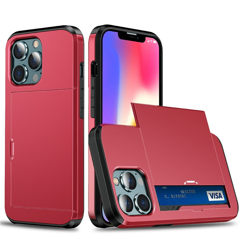 God beskyttende ridsefast skubbekortholder PC + TPU hybrid bagcover til iPhone 13 6,1 tommer