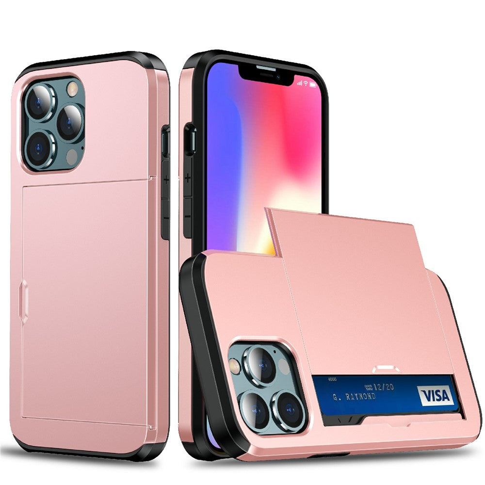 God beskyttende ridsefast skubbekortholder PC + TPU hybrid bagcover til iPhone 13 6,1 tommer