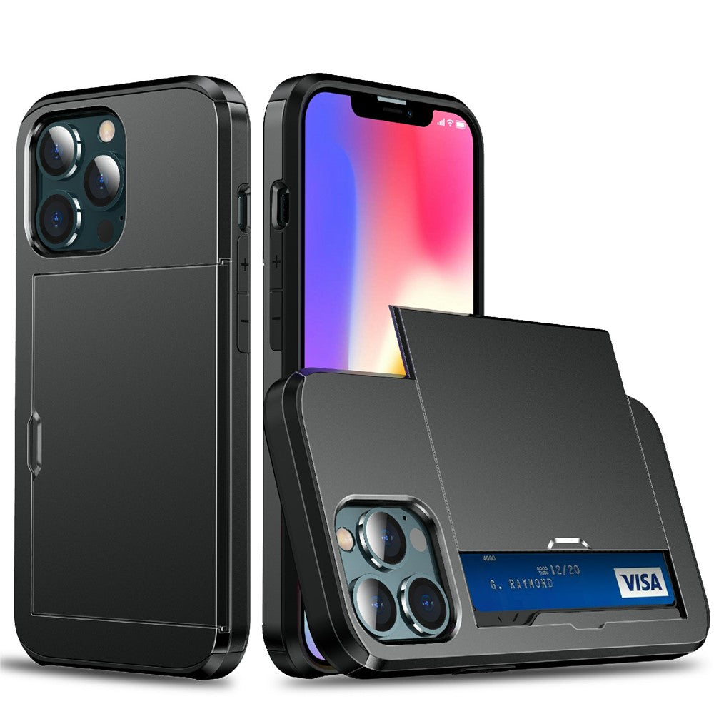 God beskyttende ridsefast skubbekortholder PC + TPU hybrid bagcover til iPhone 13 6,1 tommer