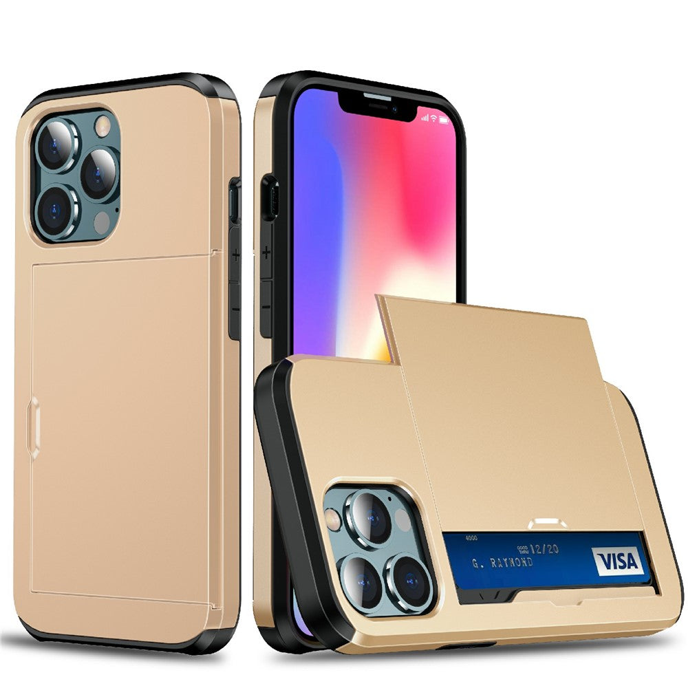 God beskyttende ridsefast skubbekortholder PC + TPU hybrid bagcover til iPhone 13 6,1 tommer