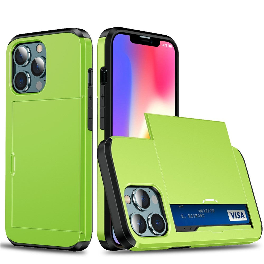 God beskyttende ridsefast skubbekortholder PC + TPU hybrid bagcover til iPhone 13 6,1 tommer