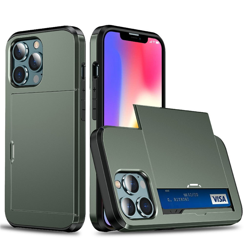 God beskyttende ridsefast skubbekortholder PC + TPU hybrid bagcover til iPhone 13 6,1 tommer