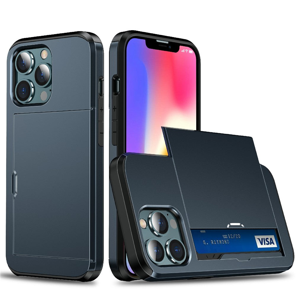 God beskyttende ridsefast skubbekortholder PC + TPU hybrid bagcover til iPhone 13 6,1 tommer