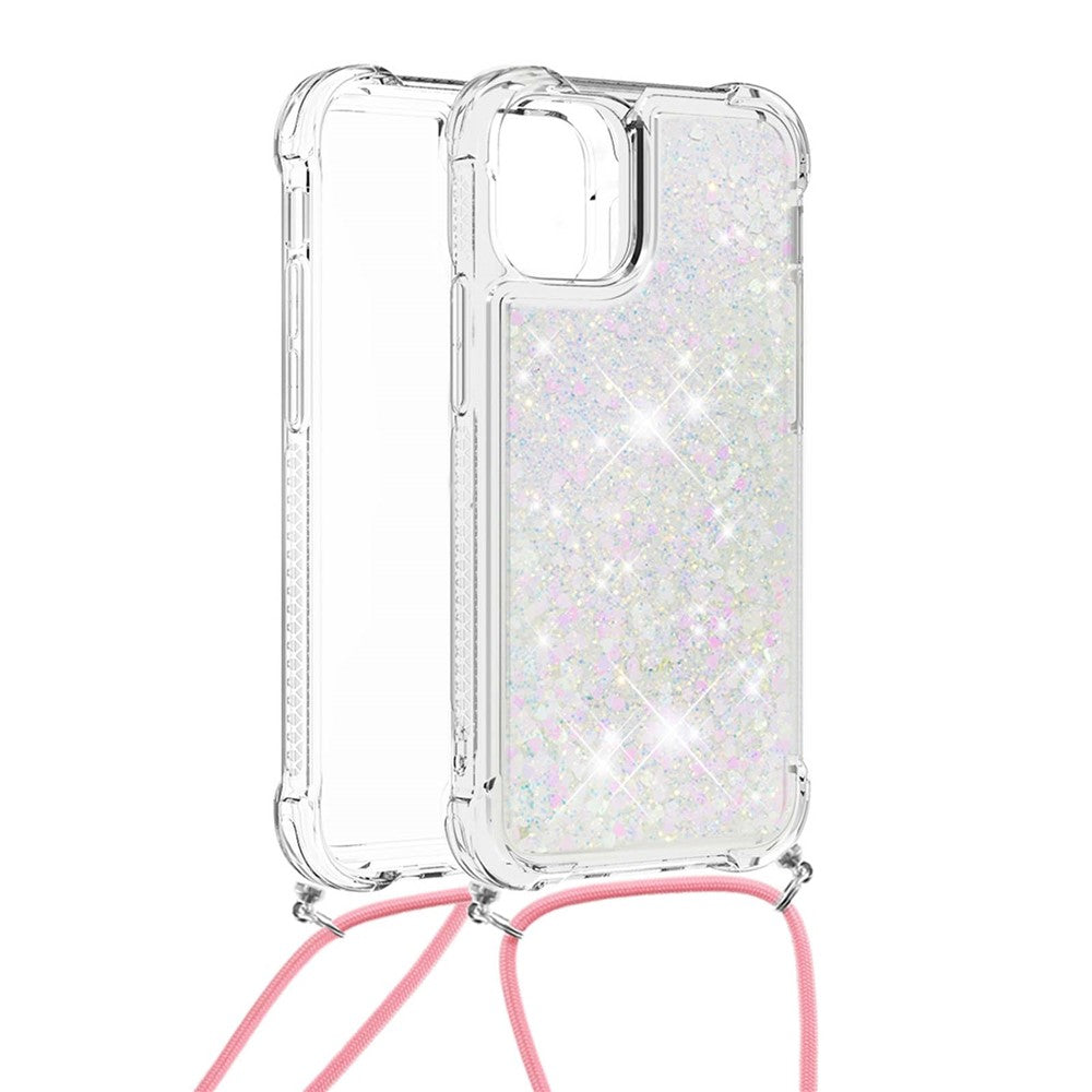 Anti-fald Quicksand Shiny Glitter Mobiltelefon TPU Cover med Snor til iPhone 13 mini 5.4 tommer