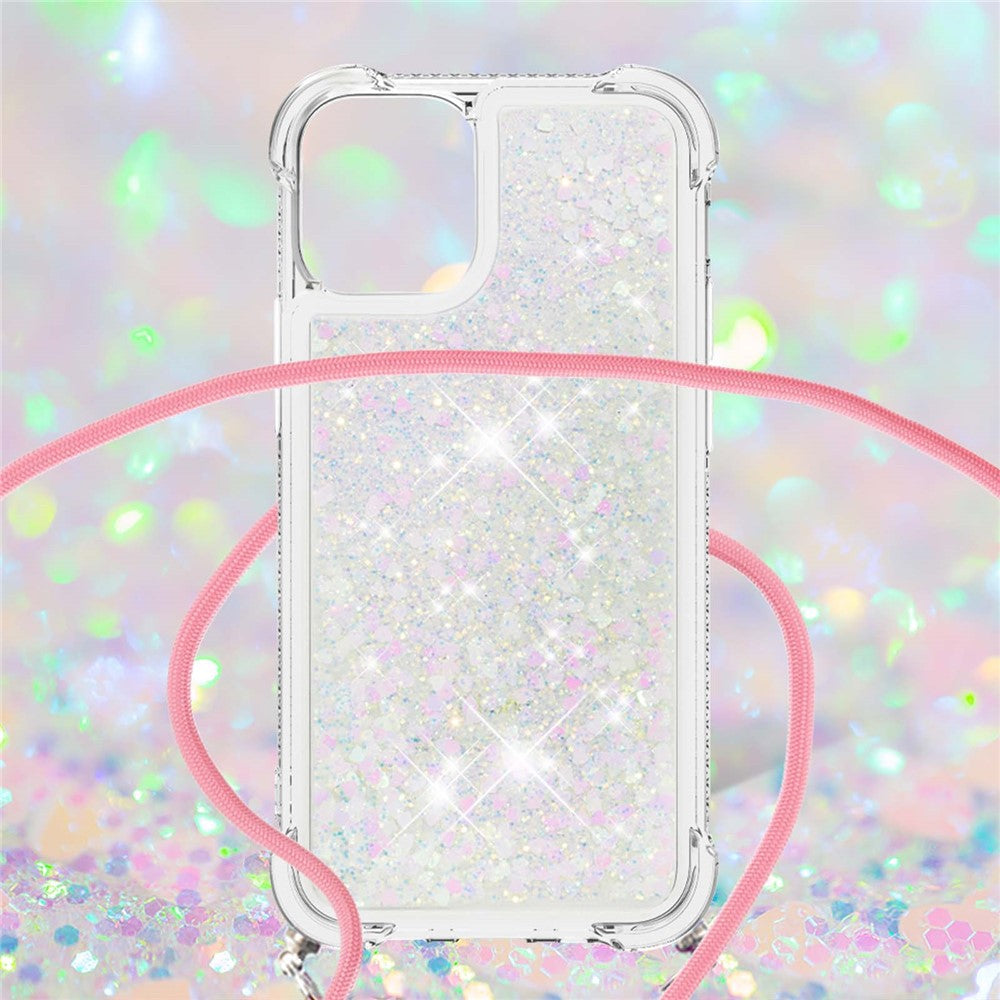 Anti-fald Quicksand Shiny Glitter Mobiltelefon TPU Cover med Snor til iPhone 13 mini 5.4 tommer