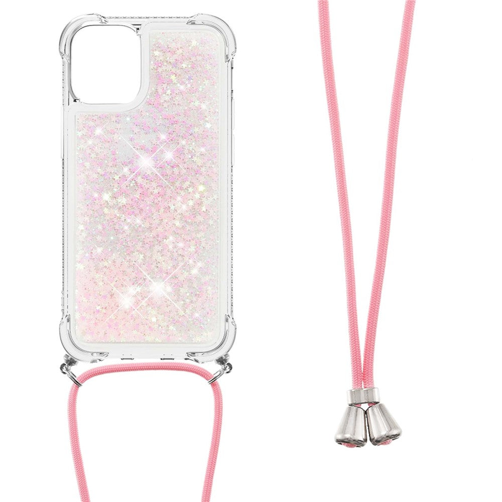 Anti-fald Quicksand Shiny Glitter Mobiltelefon TPU Cover med Snor til iPhone 13 mini 5.4 tommer