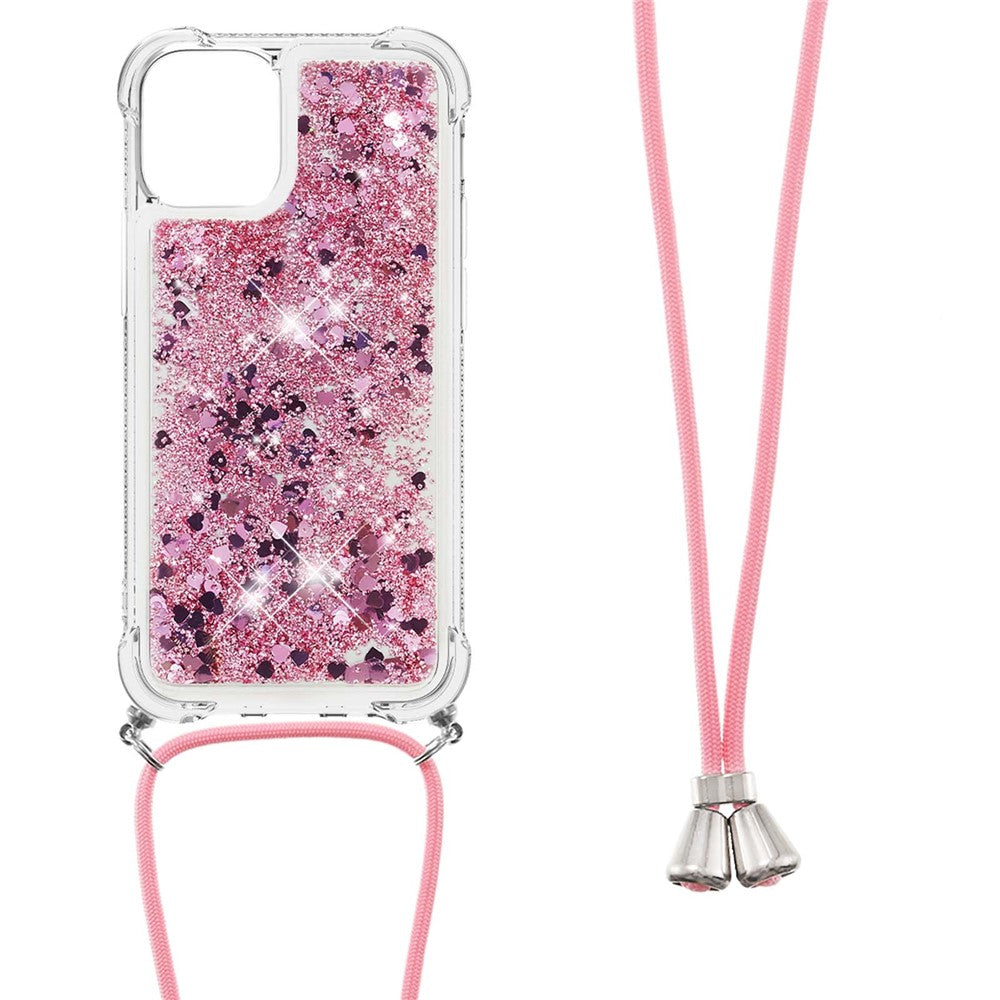 Sparkling Floating Liquid Quicksand Soft TPU Shockproof Protection Bumper Cover with Lanyard for iPhone 13 / 14