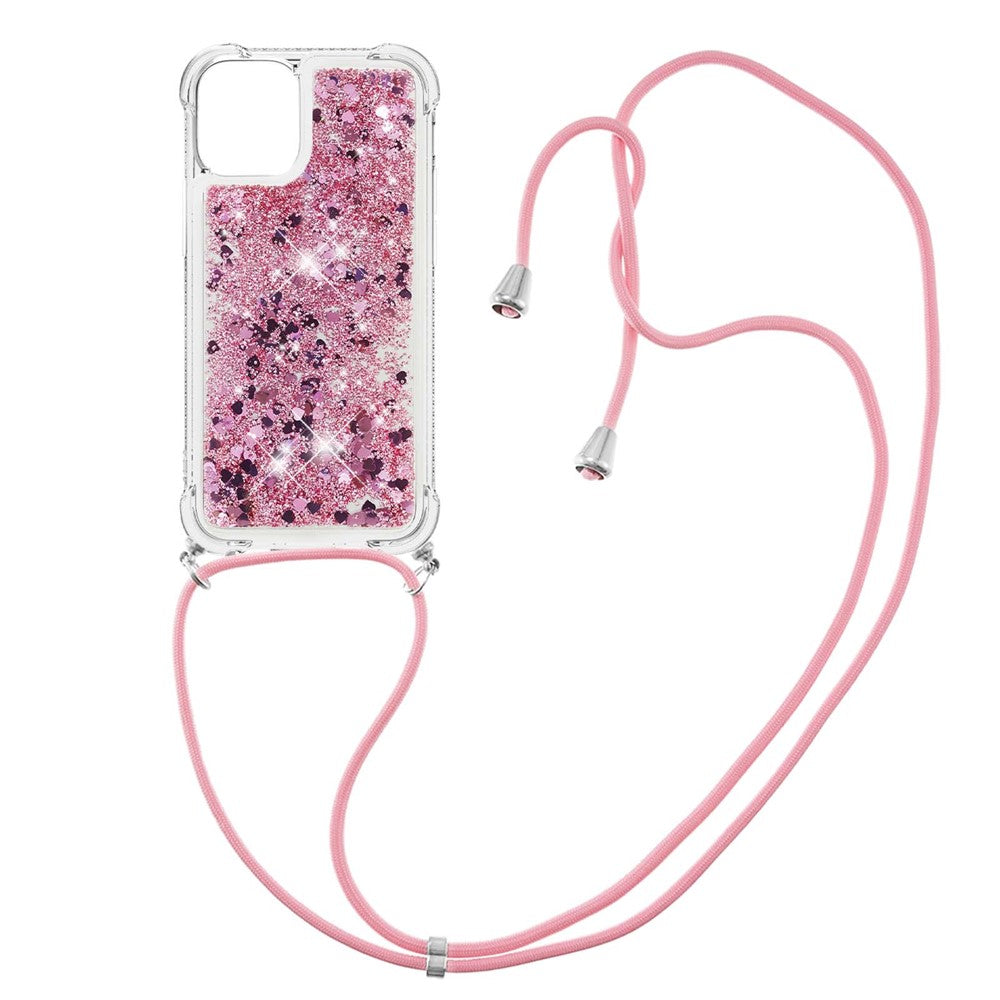 Sparkling Floating Liquid Quicksand Soft TPU Shockproof Protection Bumper Cover with Lanyard for iPhone 13 / 14
