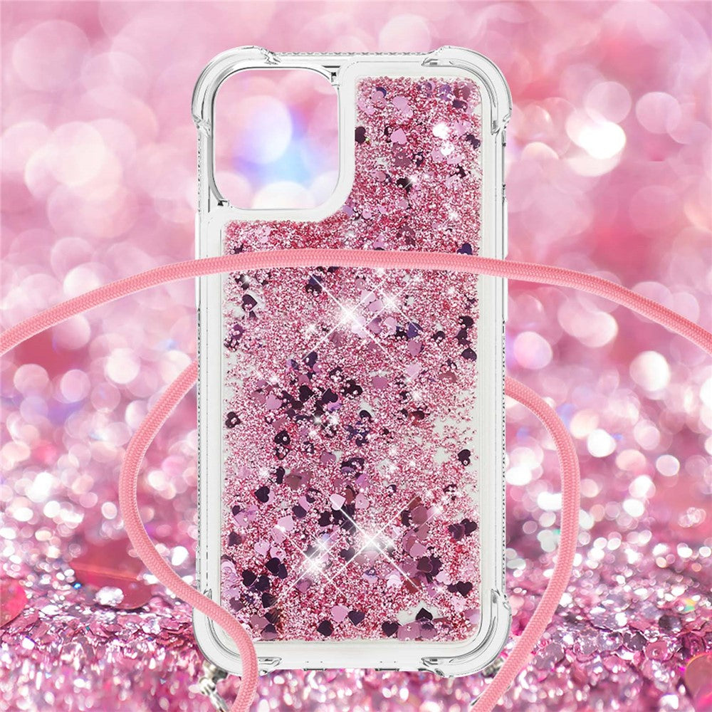 Sparkling Floating Liquid Quicksand Soft TPU Shockproof Protection Bumper Cover with Lanyard for iPhone 13 / 14