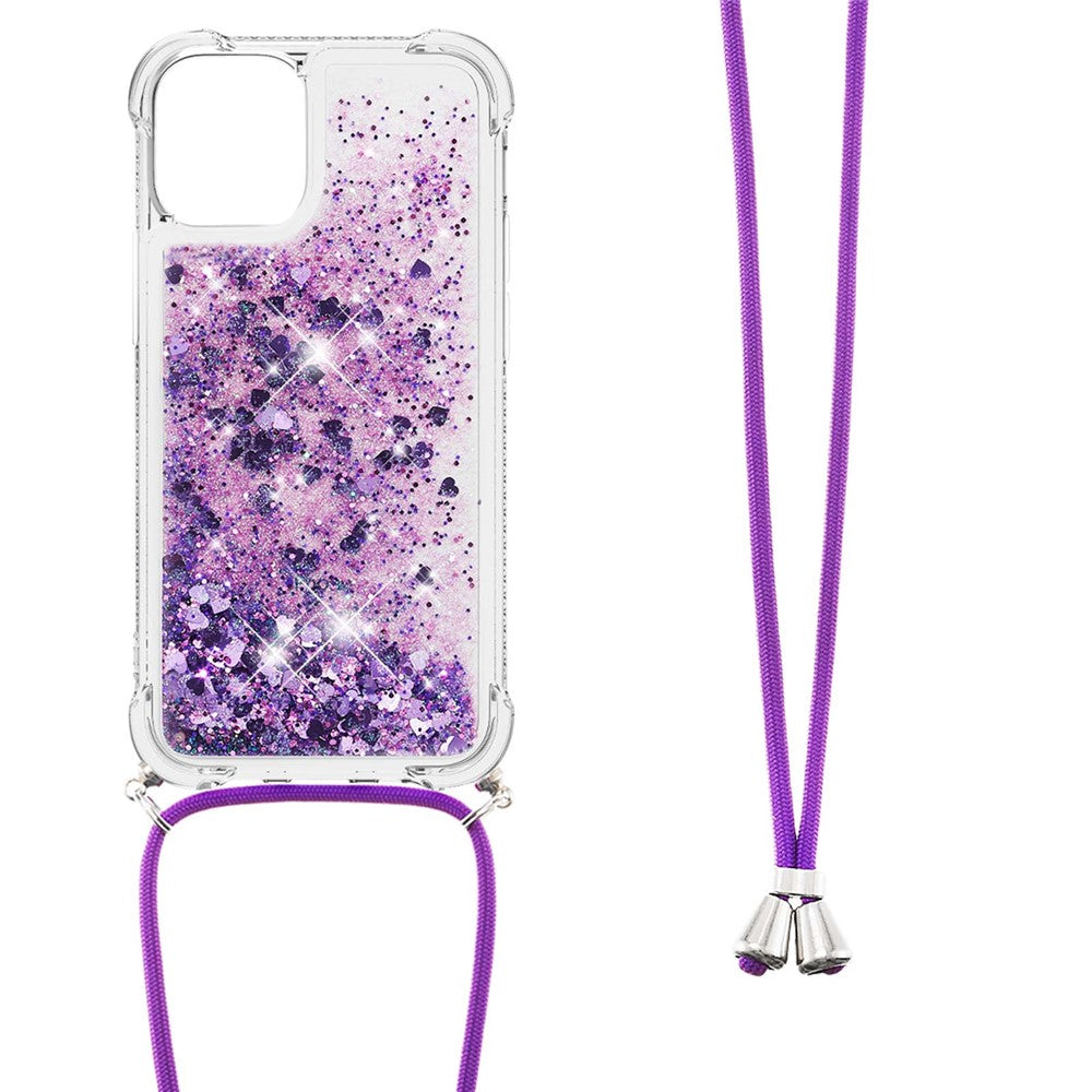 Sparkling Floating Liquid Quicksand Soft TPU Shockproof Protection Bumper Cover with Lanyard for iPhone 13 / 14