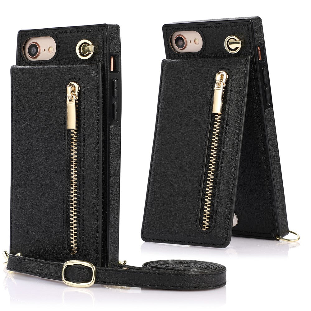Vertikal Flip Kickstand Design PU-læderbelagt TPU Hybrid Telefoncover med Snor til iPhone 7 4,7 tommer/8 4,7 tommer/SE (2020)/SE (2022)