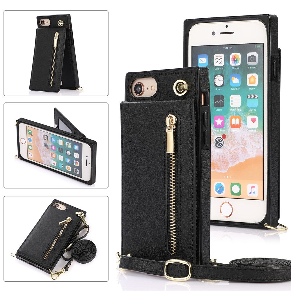 Vertikal Flip Kickstand Design PU-læderbelagt TPU Hybrid Telefoncover med Snor til iPhone 7 4,7 tommer/8 4,7 tommer/SE (2020)/SE (2022)