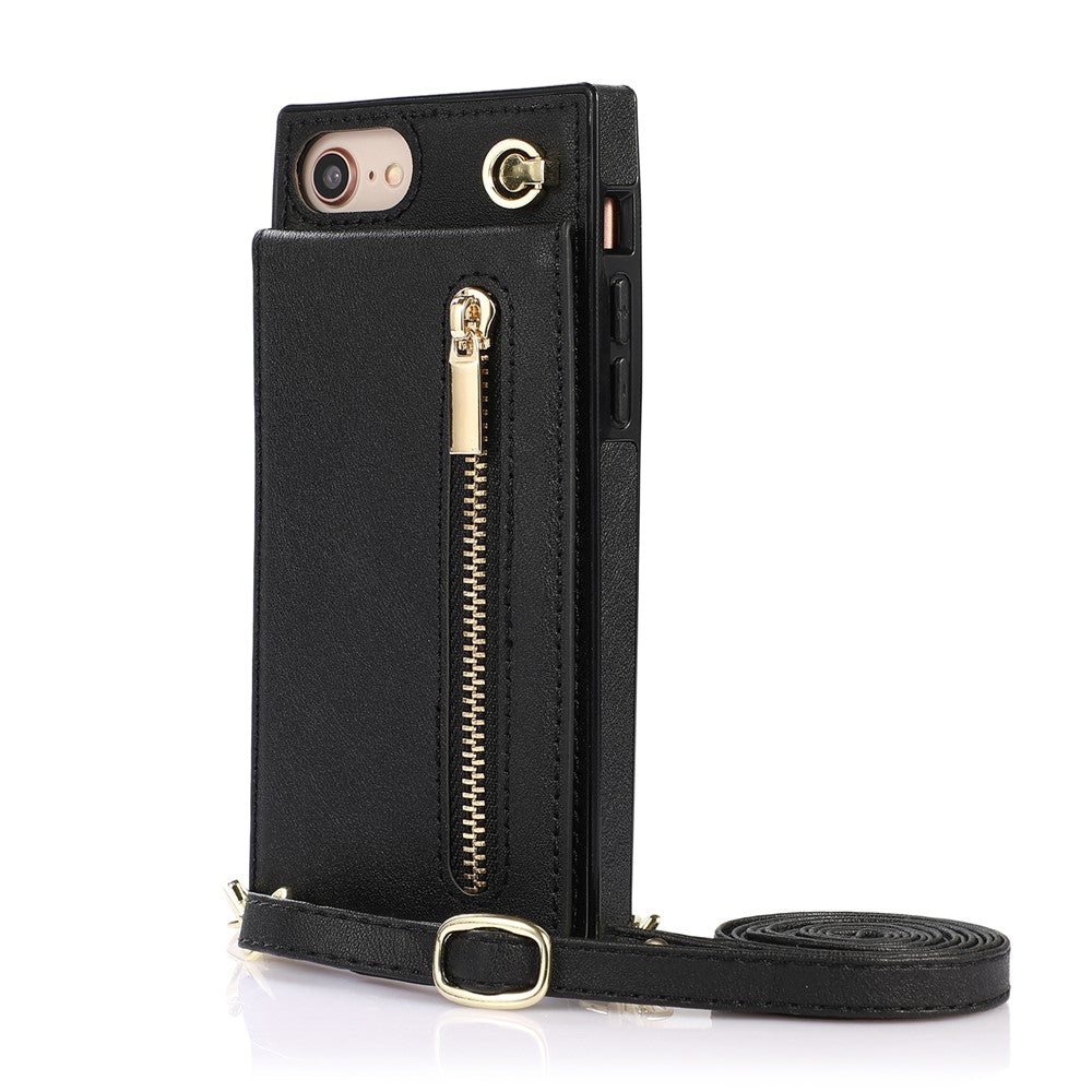 Vertikal Flip Kickstand Design PU-læderbelagt TPU Hybrid Telefoncover med Snor til iPhone 7 4,7 tommer/8 4,7 tommer/SE (2020)/SE (2022)