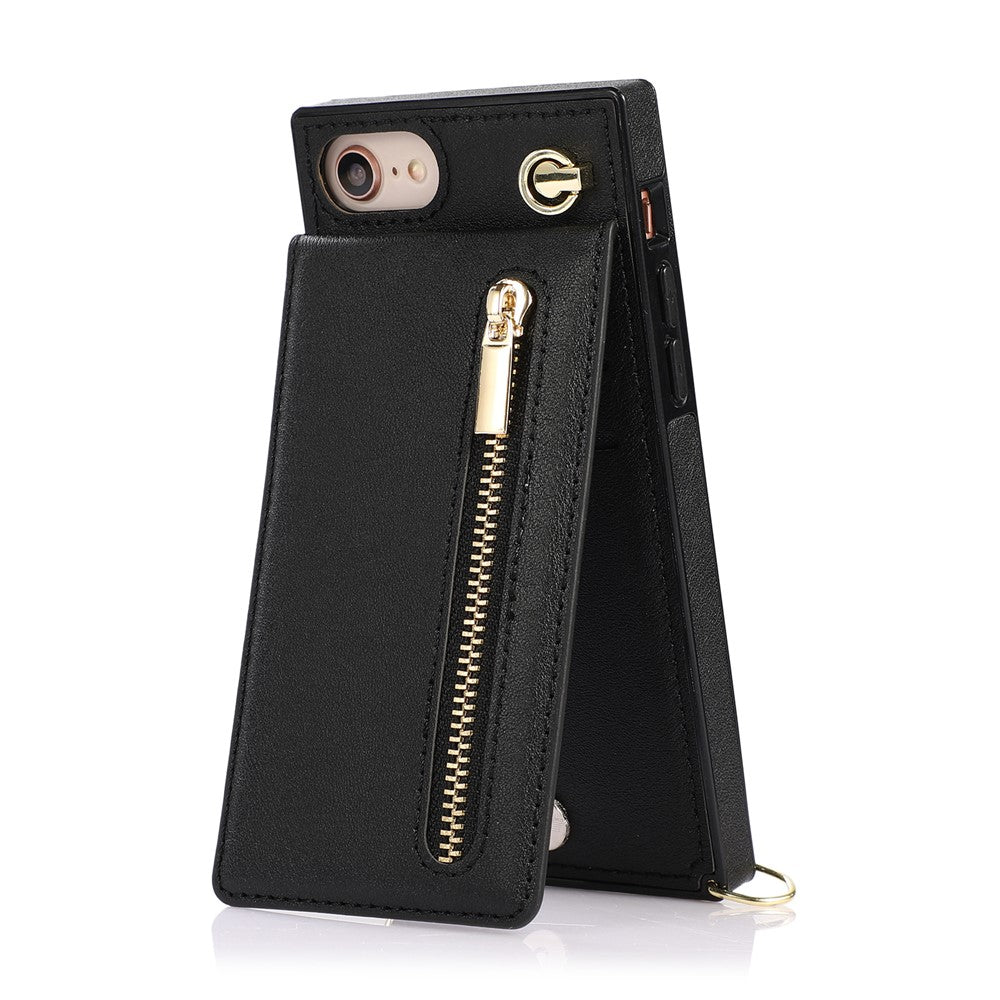 Vertikal Flip Kickstand Design PU-læderbelagt TPU Hybrid Telefoncover med Snor til iPhone 7 4,7 tommer/8 4,7 tommer/SE (2020)/SE (2022)