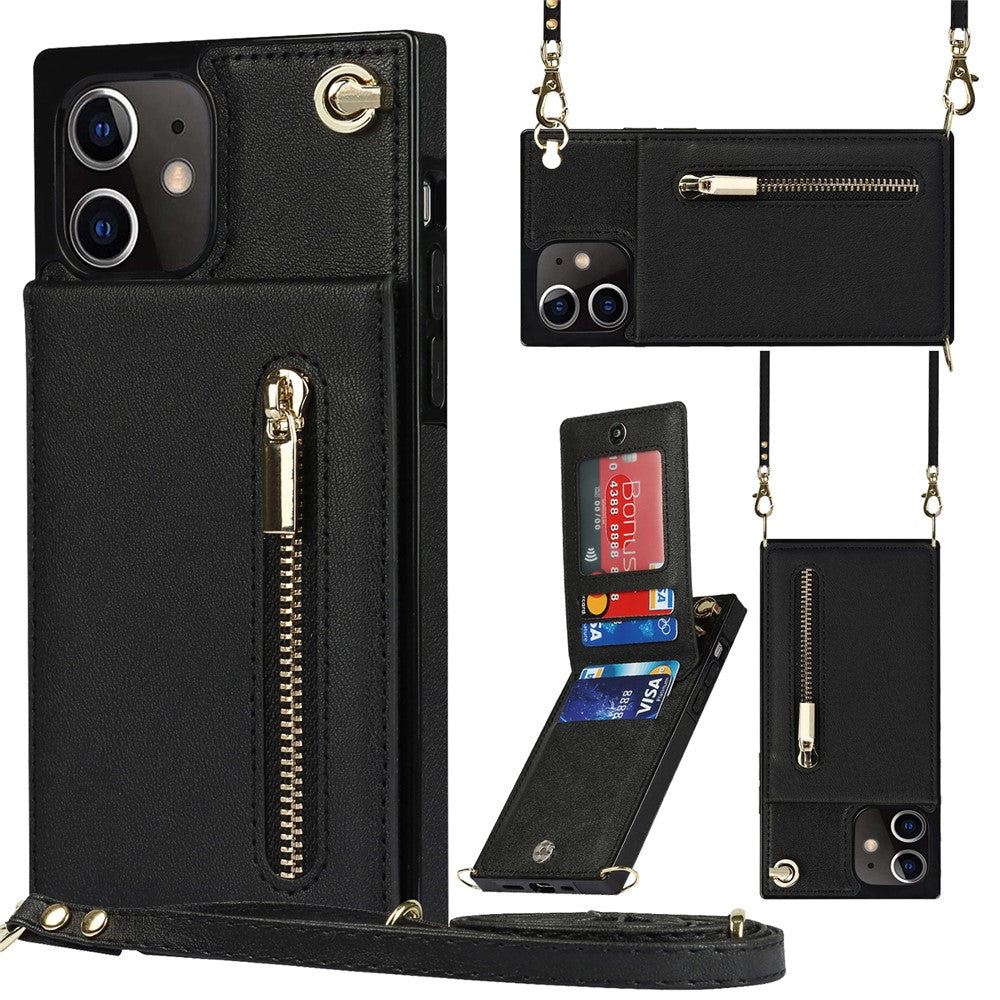 Detachable Lanyard PU Leather Coated TPU Hybrid Case Vertical Flip Kickstand Phone Shell for iPhone 12 mini