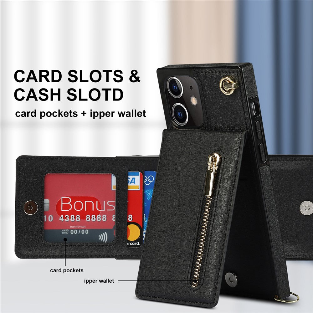 Detachable Lanyard PU Leather Coated TPU Hybrid Case Vertical Flip Kickstand Phone Shell for iPhone 12 mini