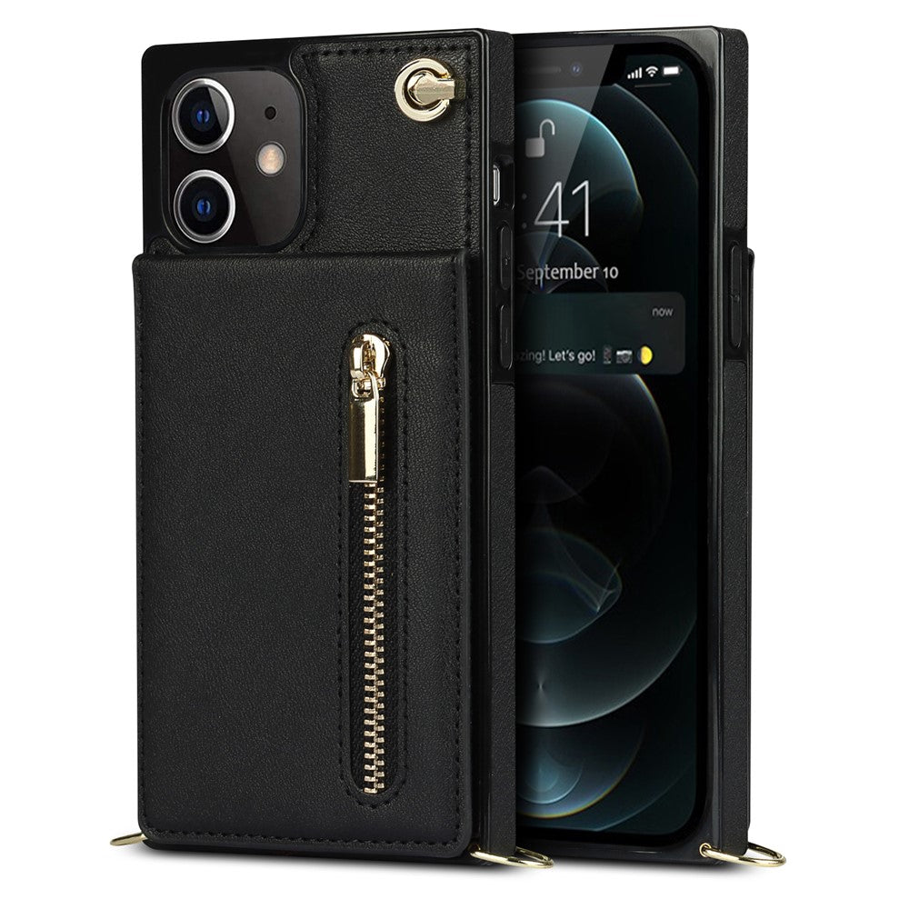 Detachable Lanyard PU Leather Coated TPU Hybrid Case Vertical Flip Kickstand Phone Shell for iPhone 12 mini