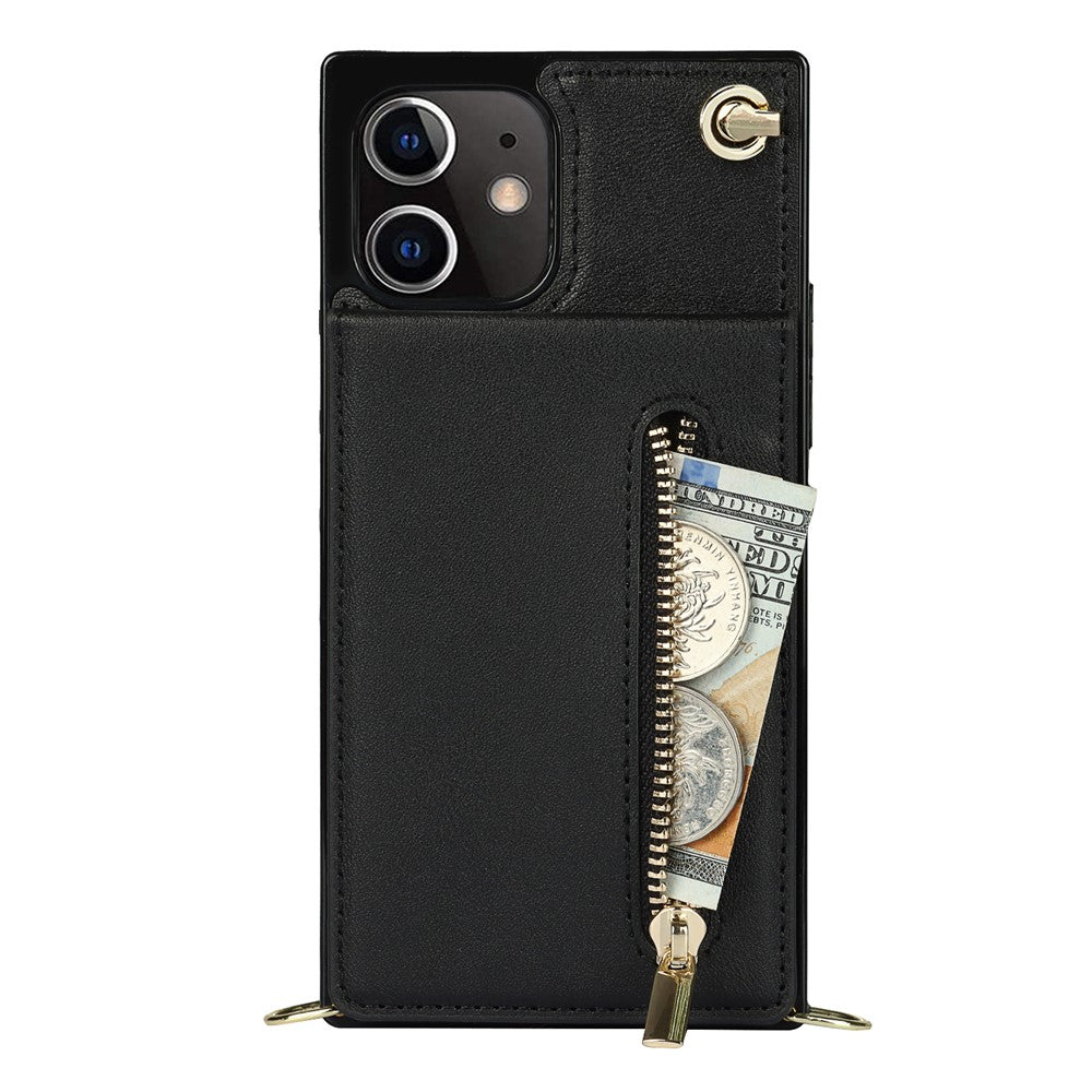 Detachable Lanyard PU Leather Coated TPU Hybrid Case Vertical Flip Kickstand Phone Shell for iPhone 12 mini